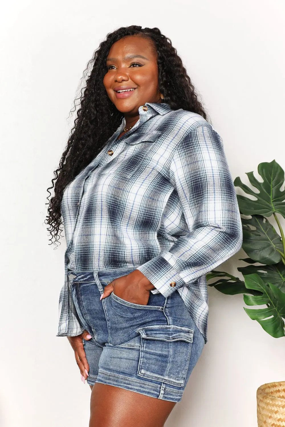 Double Take Plaid Dropped Shoulder Shirt - Love Salve