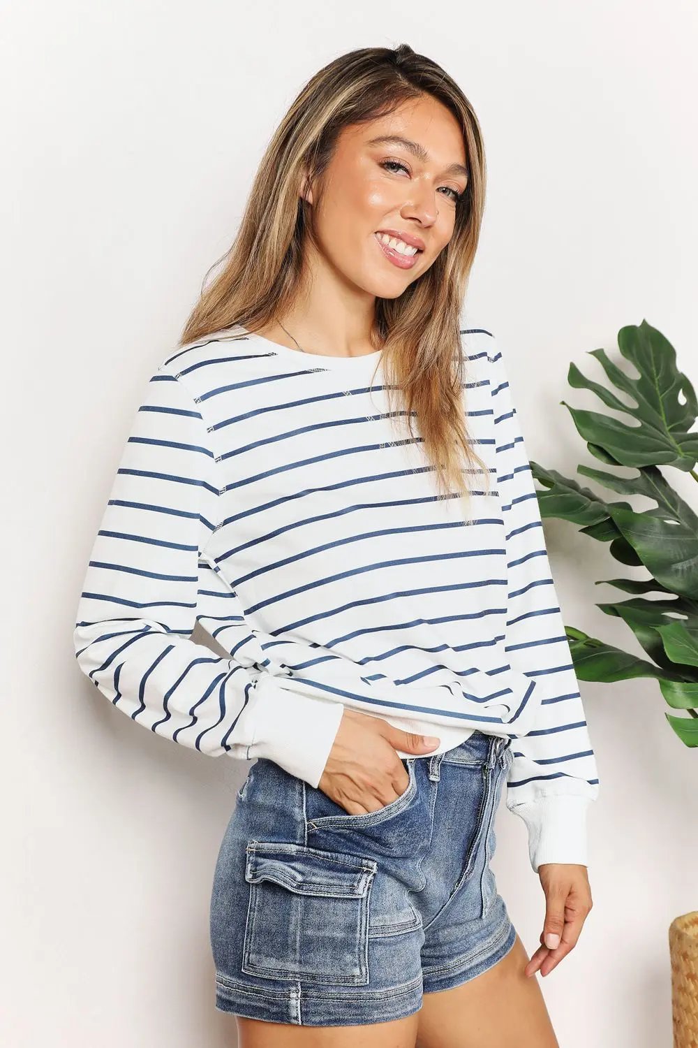 Double Take Striped Long Sleeve Round Neck Top - Love Salve