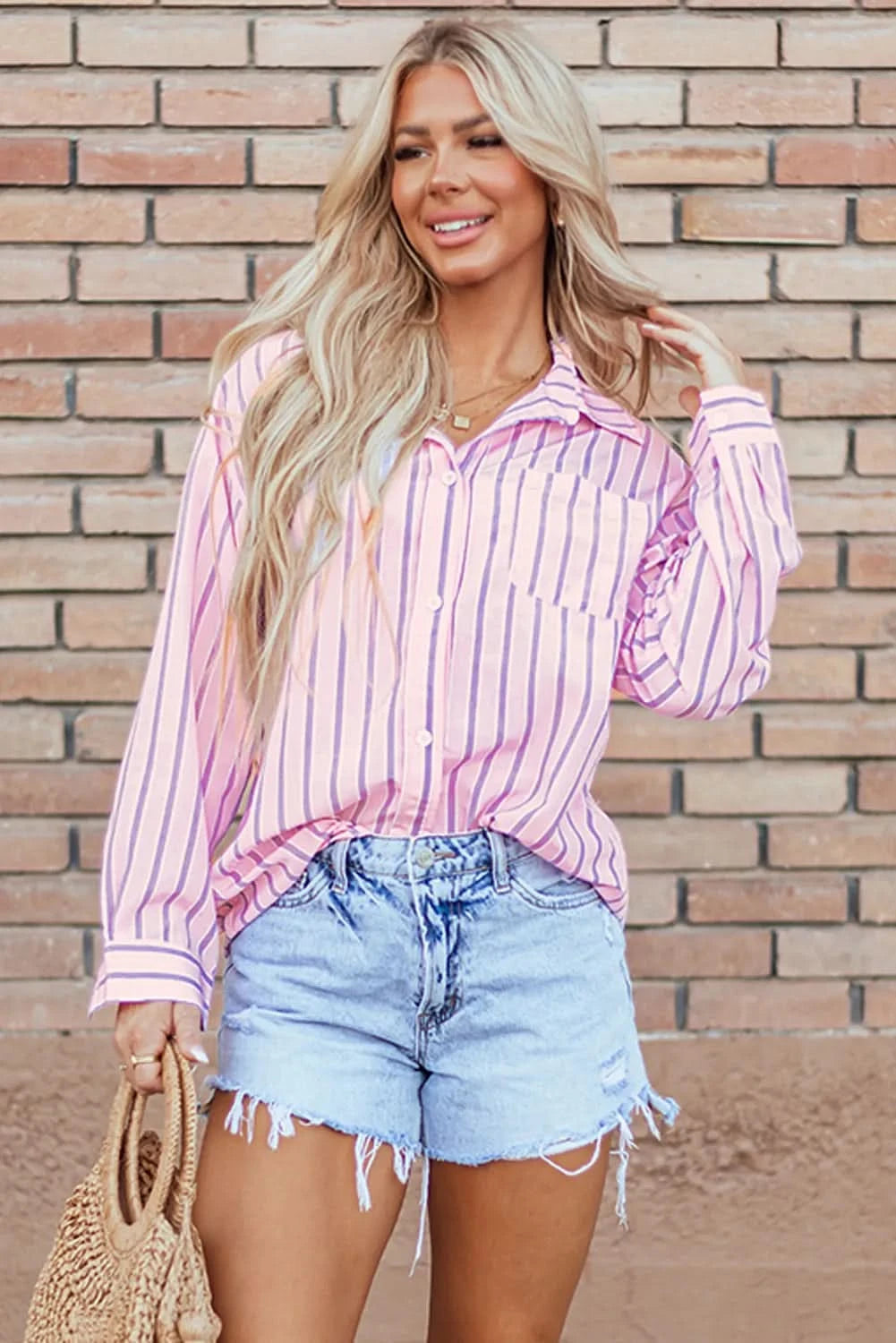 Collared Striped Long Sleeve Button-Up Shirt with Pockets