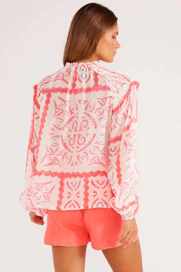 Desert Flower Vintage Print Smocked Poet Collar Blouse