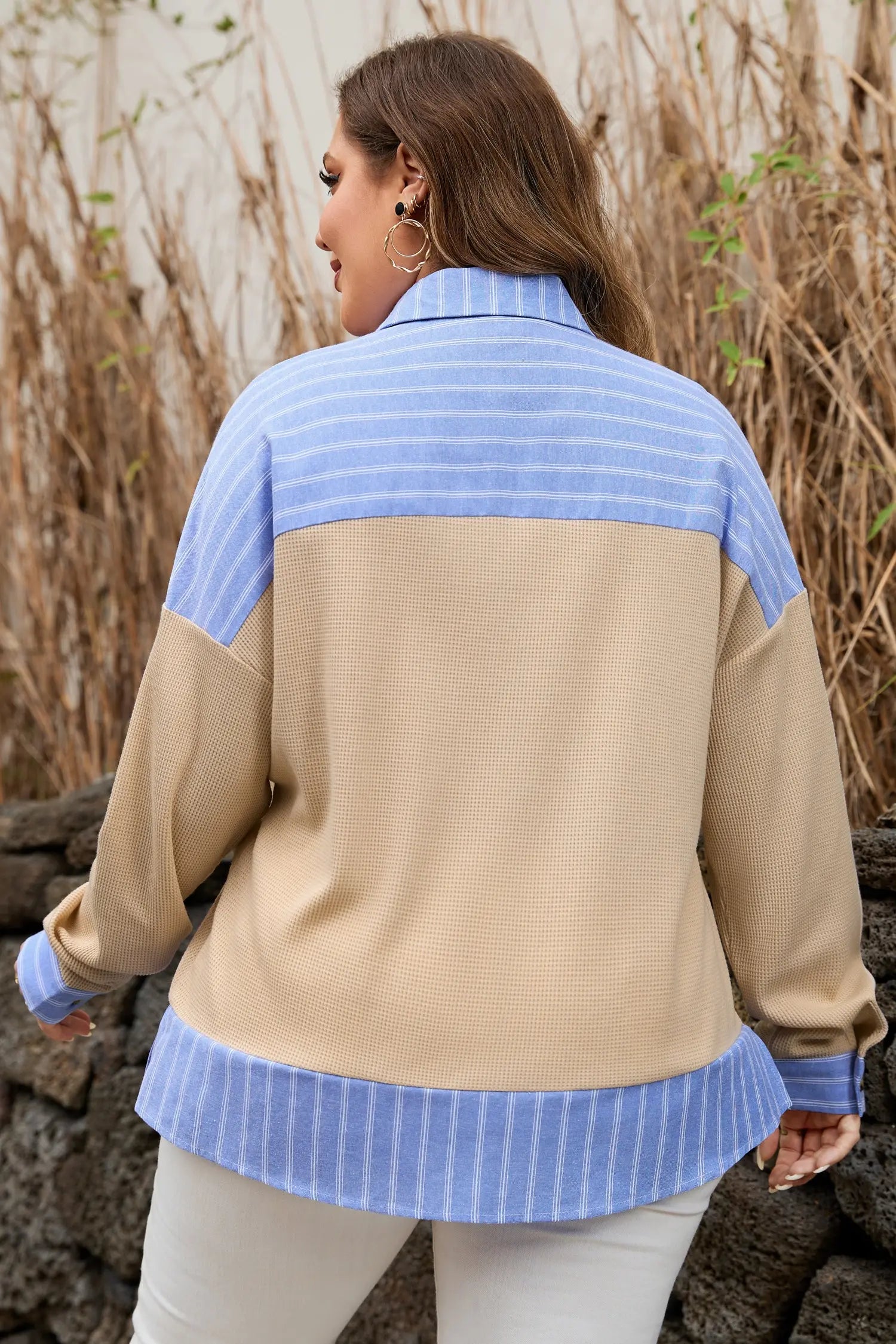 Plus Size Parchment Striped Waffle Knit Collared Top With Contrast Trim Dear-Lover Dropshipping