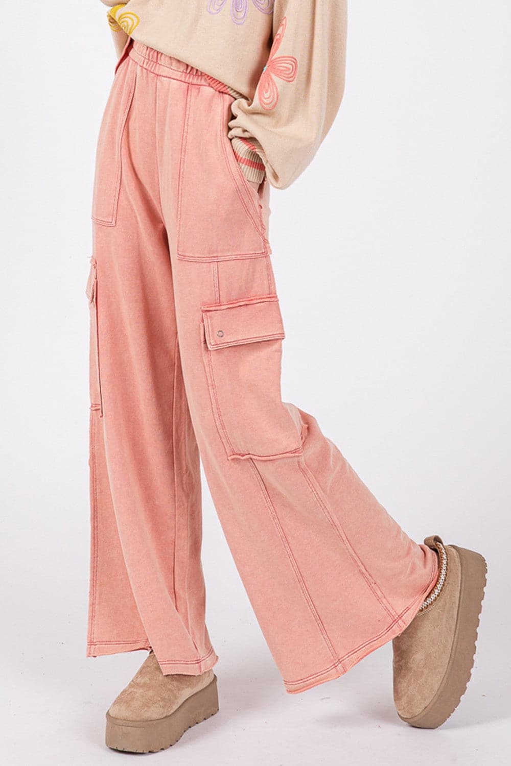 Cozy chic mineral wash wide leg knit terry pants