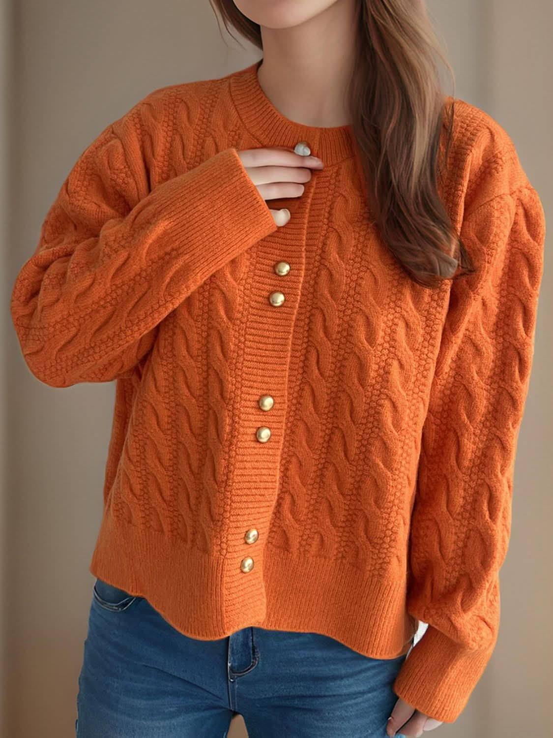 Cable-Knit Round Neck Long Sleeve Cardigan