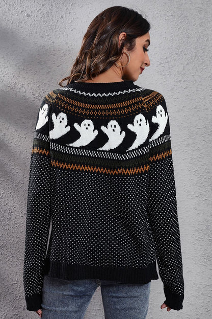 Chic ghost print long sleeve sweater with round neck