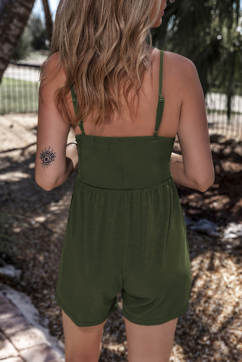 Moss Green Spaghetti Straps Cinched Waist Ribbed Romper