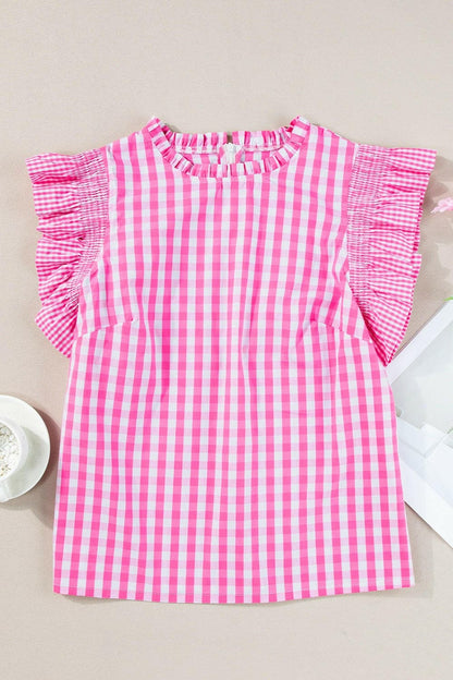 Ruffled Plaid Mock Neck Cap Sleeve Blouse.