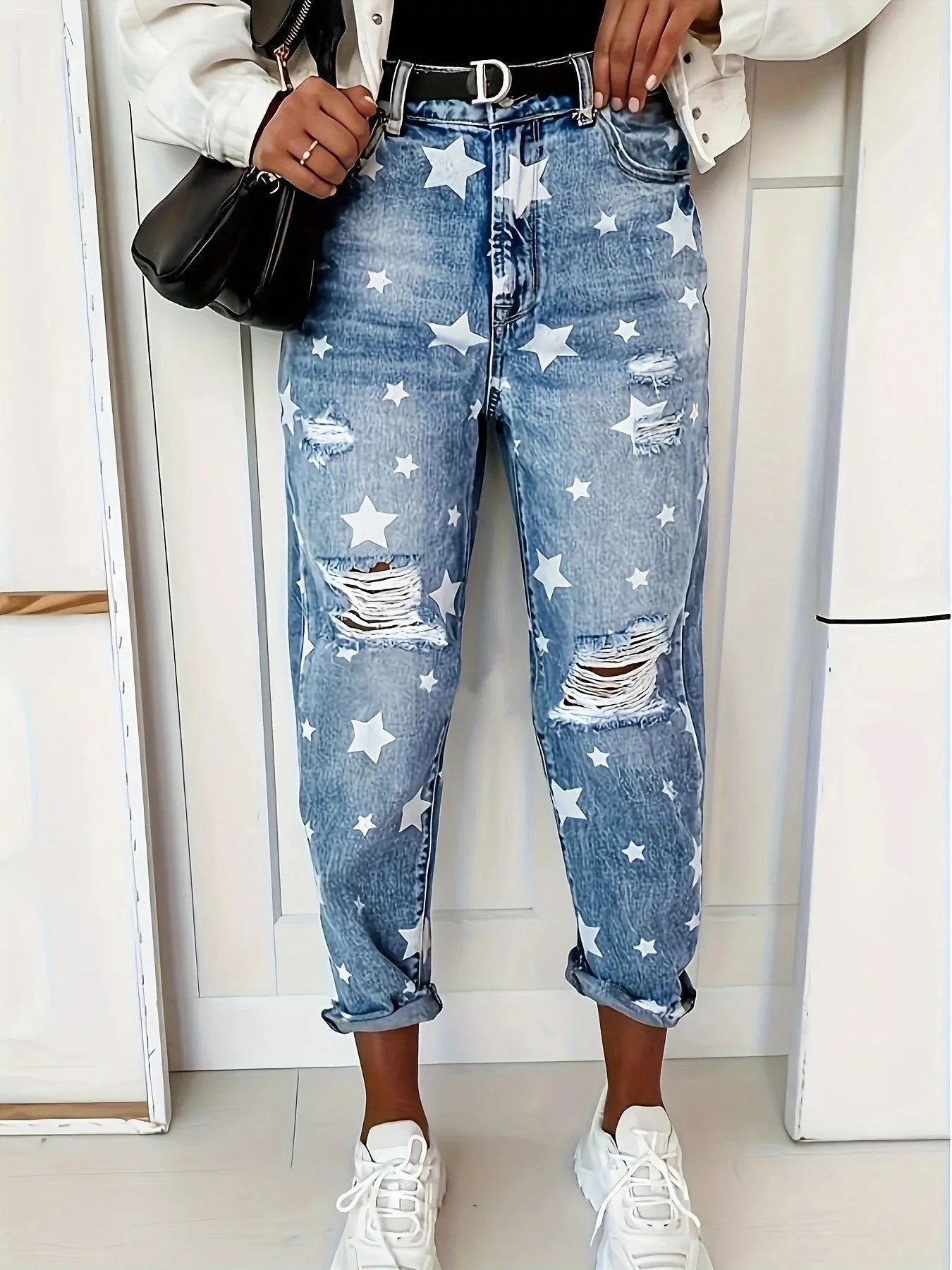 Star Print Distressed High Waist Boyfriend Jeans Coco’s Tee Boutique