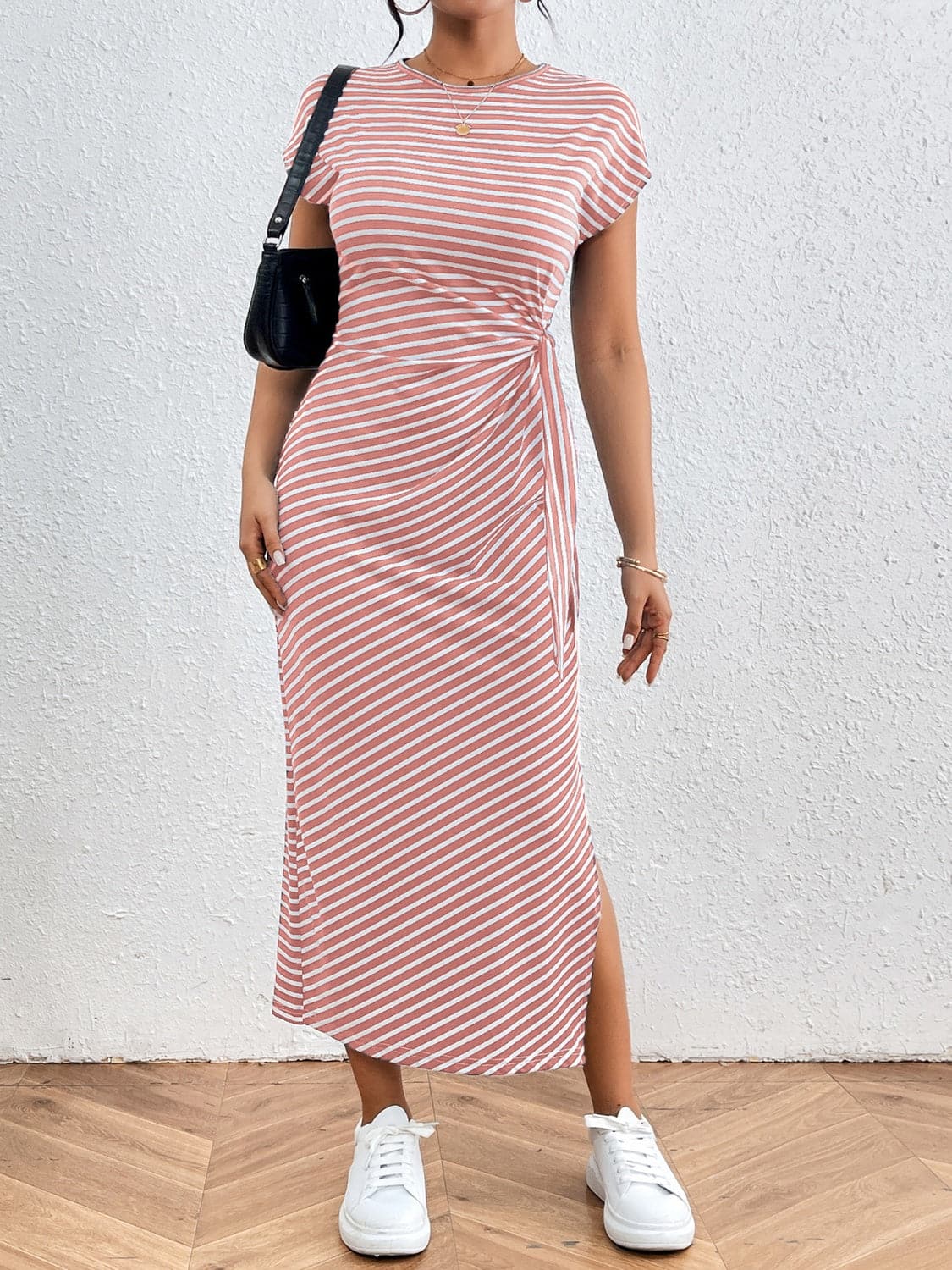 Tied Striped Round Neck Short Sleeve Tee Dress.