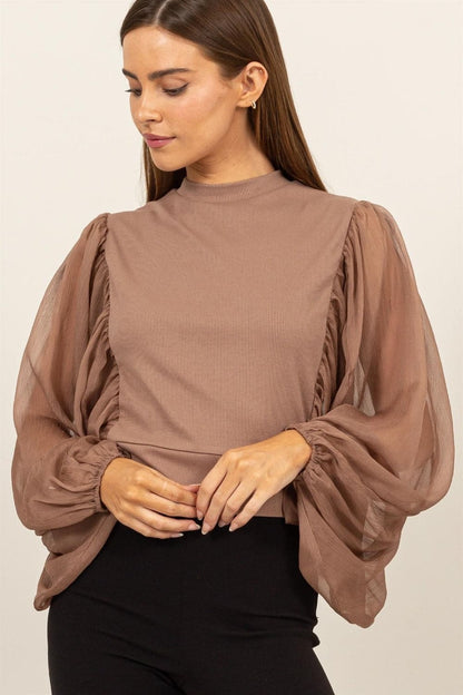 HYFVE Ruched Sheer Long Sleeve Mock Neck Blouse.