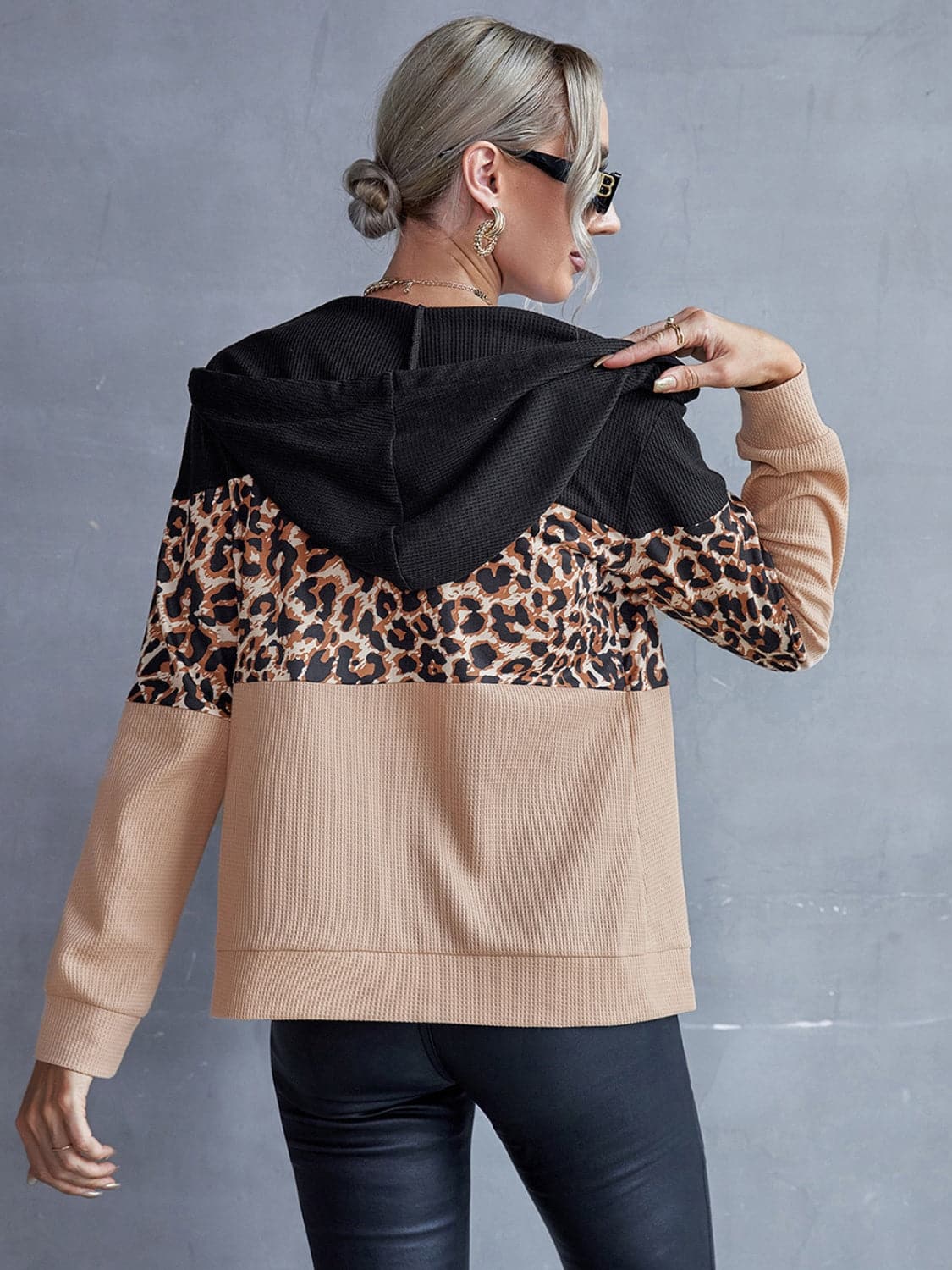 Drawstring Leopard Zip Up Hooded Jacket.