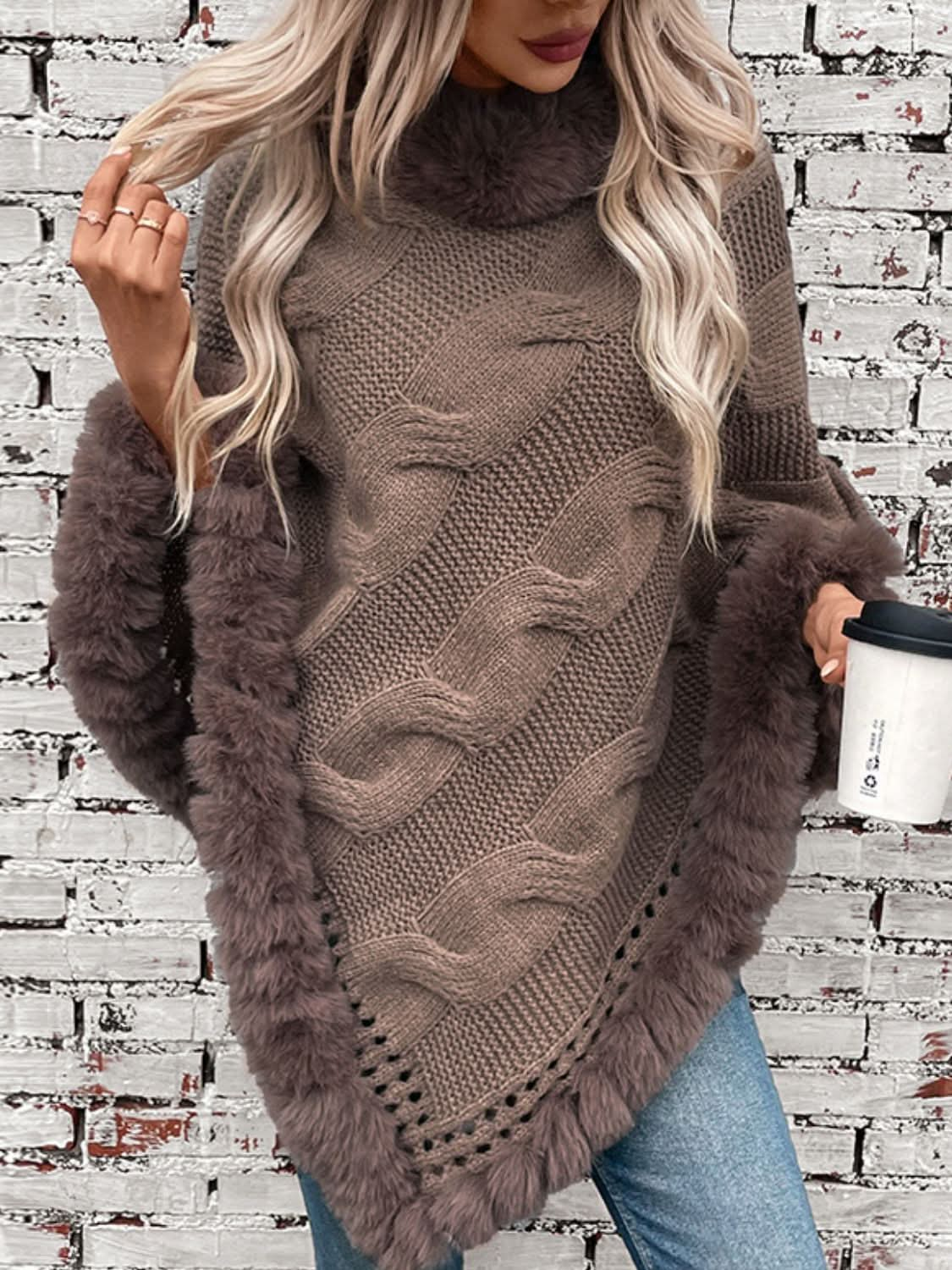 Cozy Cable-Knit Fuzzy Hem Poncho