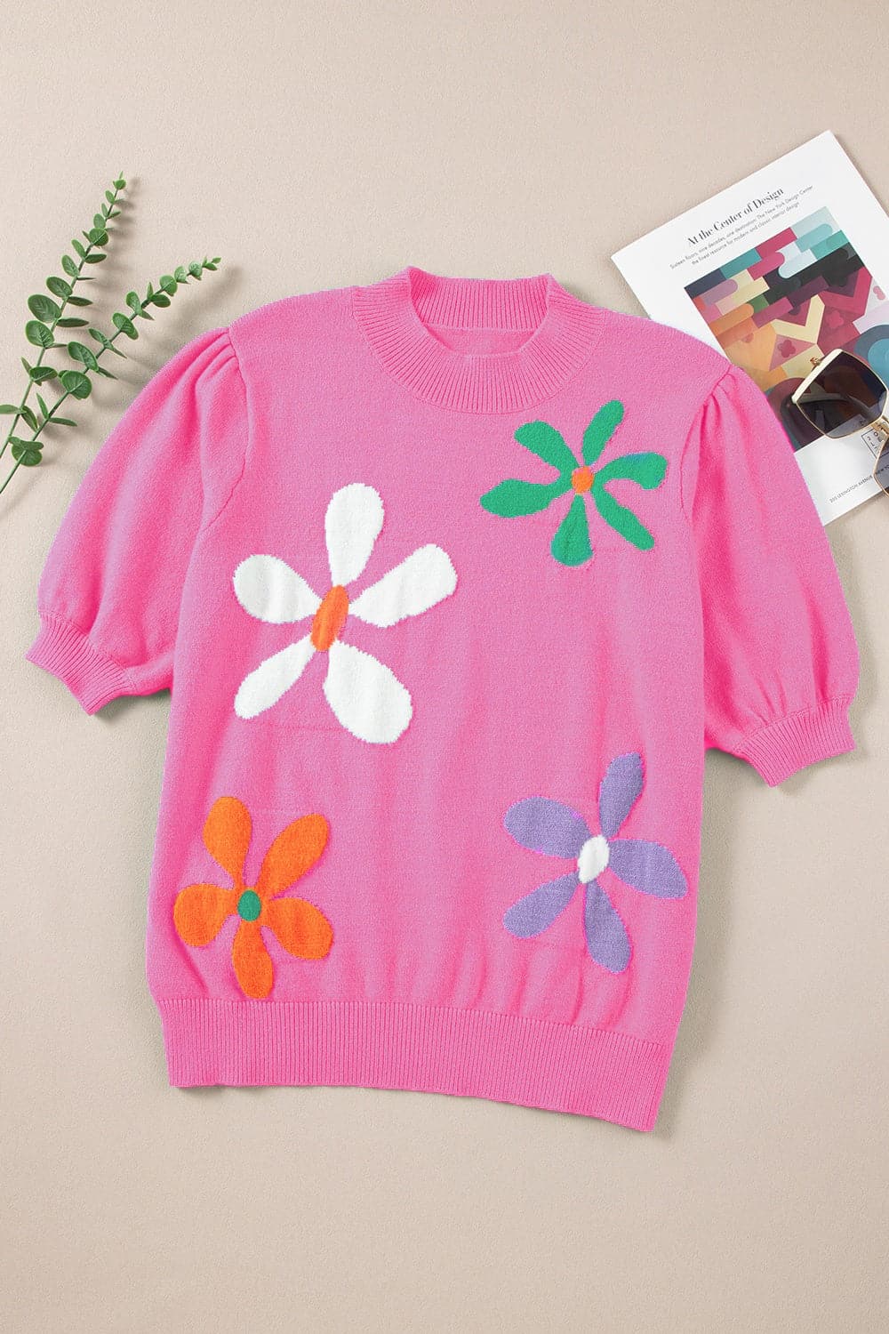 Flower Mock Neck Short Sleeve Sweater.