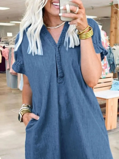 Full Size V-Neck Short Sleeve Denim Dress Plus Size