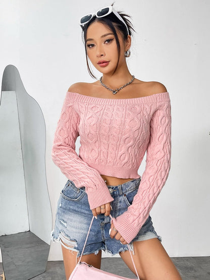 Cable-Knit Off-Shoulder Long Sleeve Knit Top.