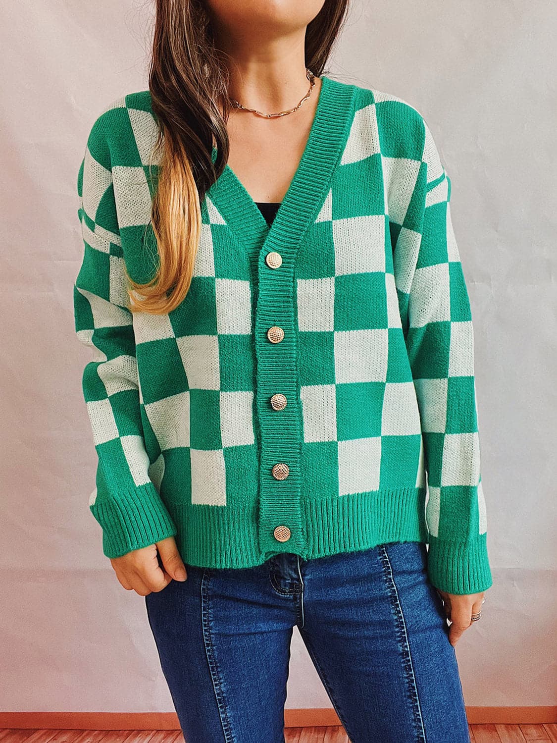 Checkered Open Front Button Up Cardigan.