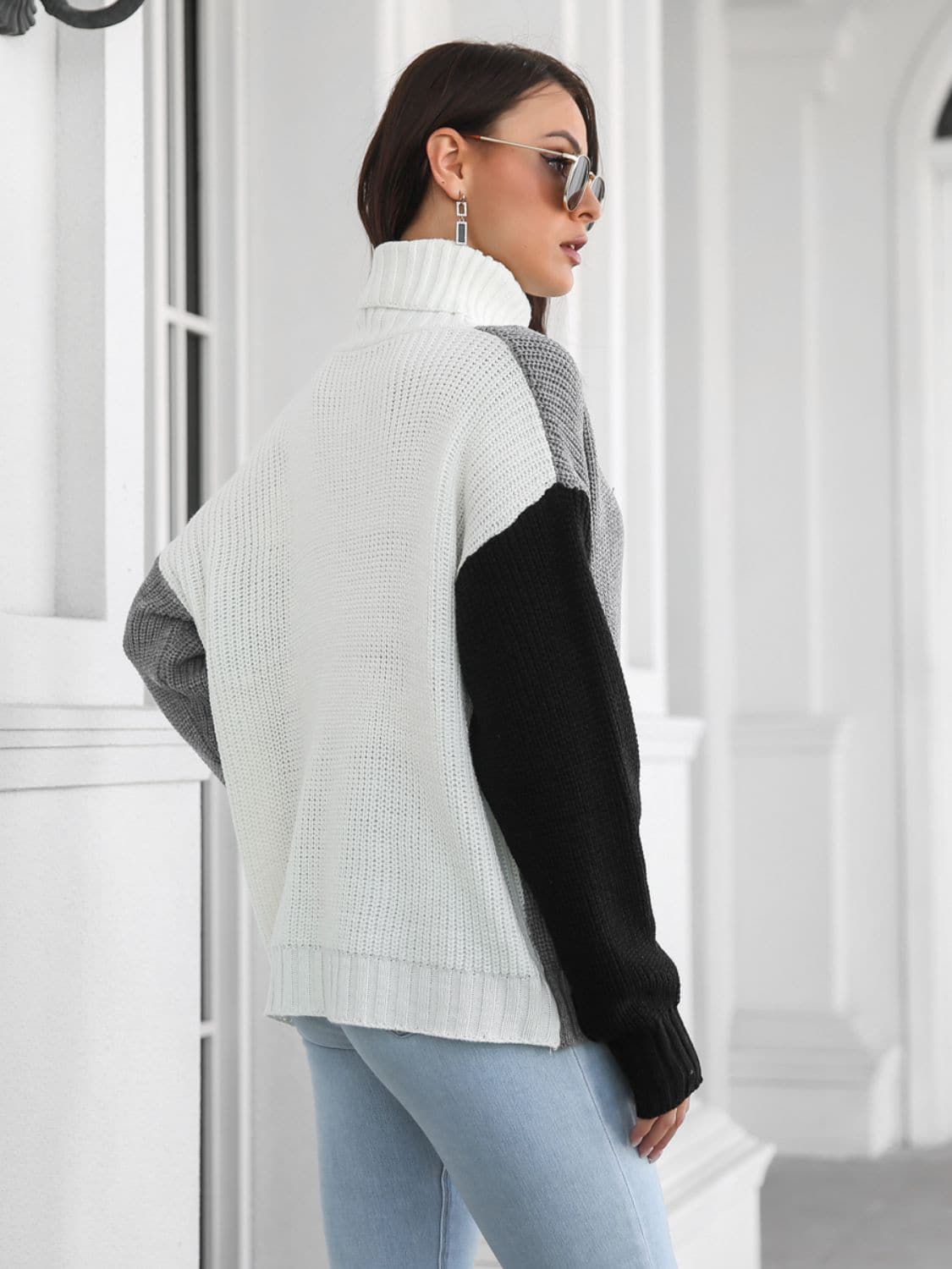 Contrast Turtleneck Long Sleeve Sweater.