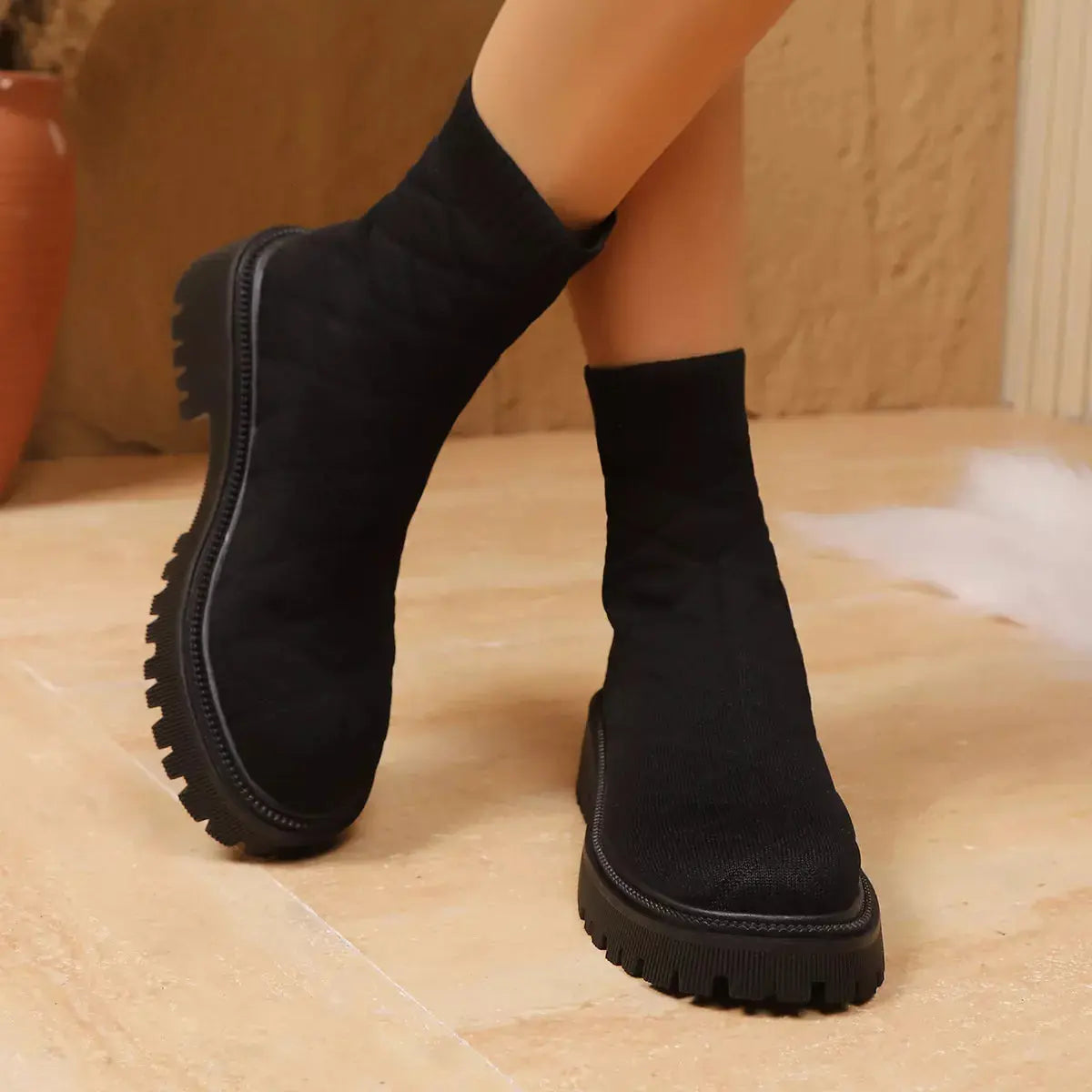 Black Knit Sock Boots With Round Toe And Low Heel Thick Lug Sole Simply Love