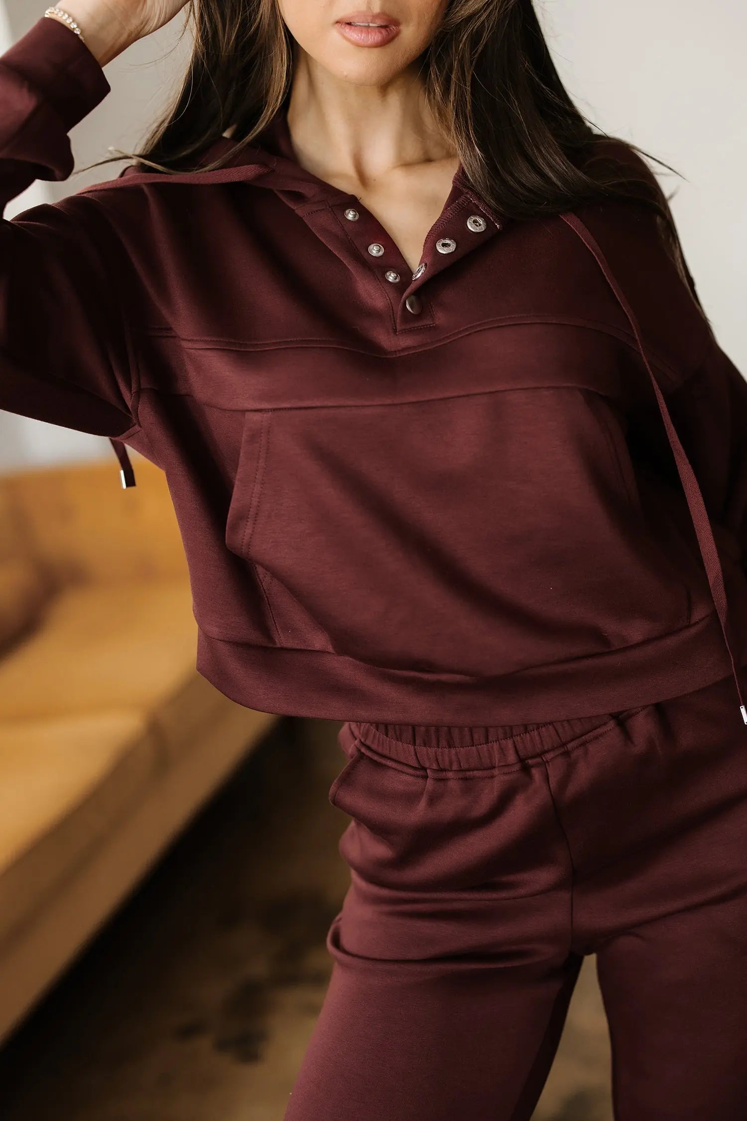 Chicory Coffee Button Drawstring Cropped Hoodie Jogger 2pcs Set Dear-Lover Dropshipping