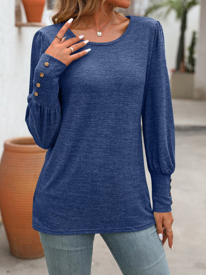 Decorative Button Round Neck Long Sleeve T-Shirt.