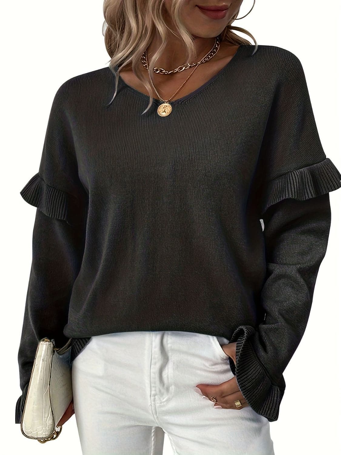 V-Neck Ruffle Trim Long Sleeve Sweater.