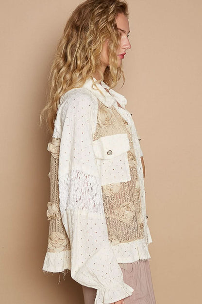 Elegant Lace Patchwork Shirt with Eyelet Flowers and Pearl Accents