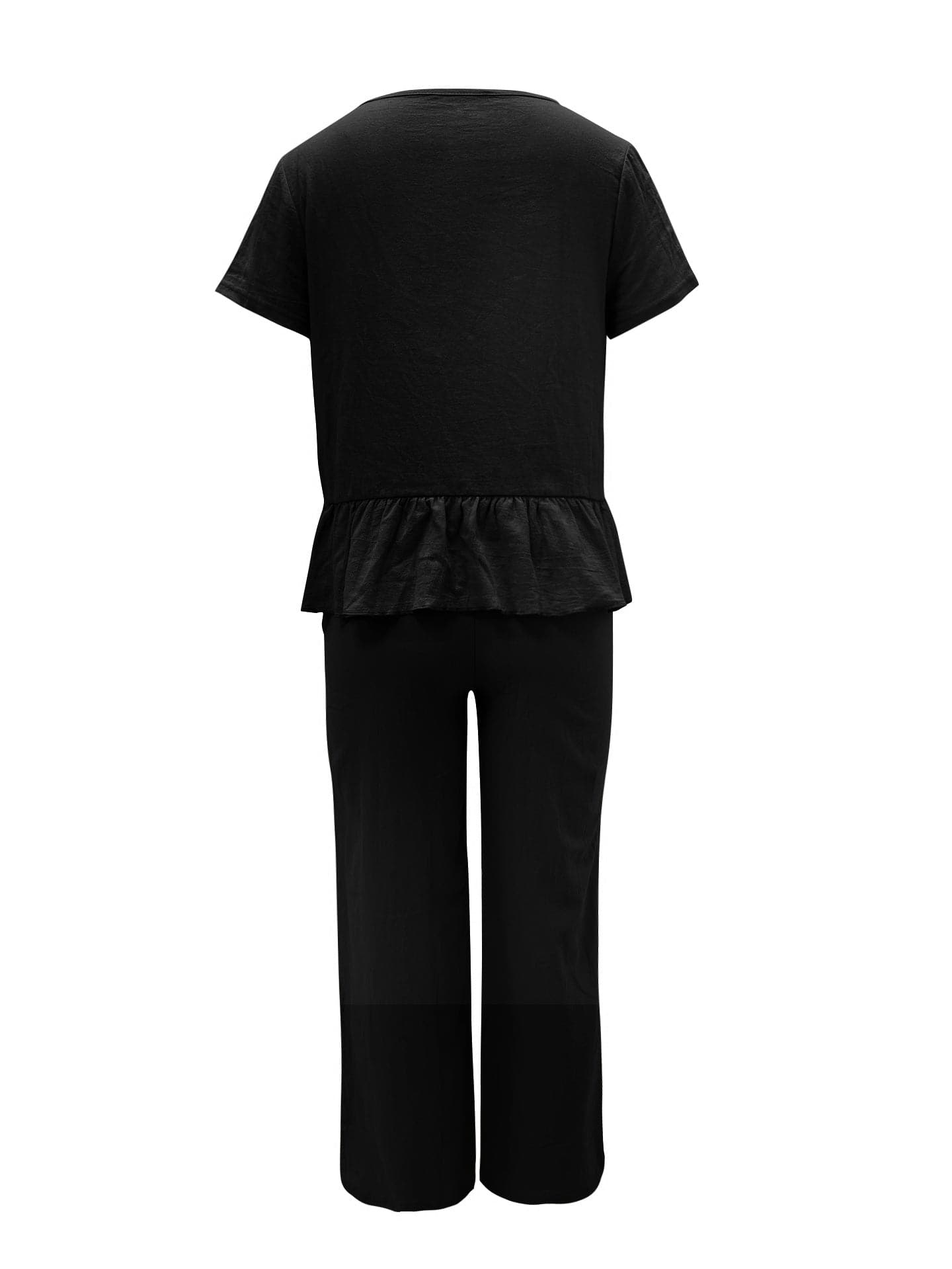 Peplum Round Neck Short Sleeve Top and Pants Set.