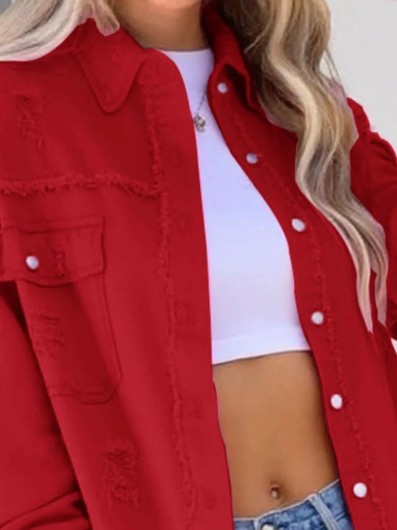 Distressed Denim Jacket with Frayed Edges Coco’s Tee Boutique