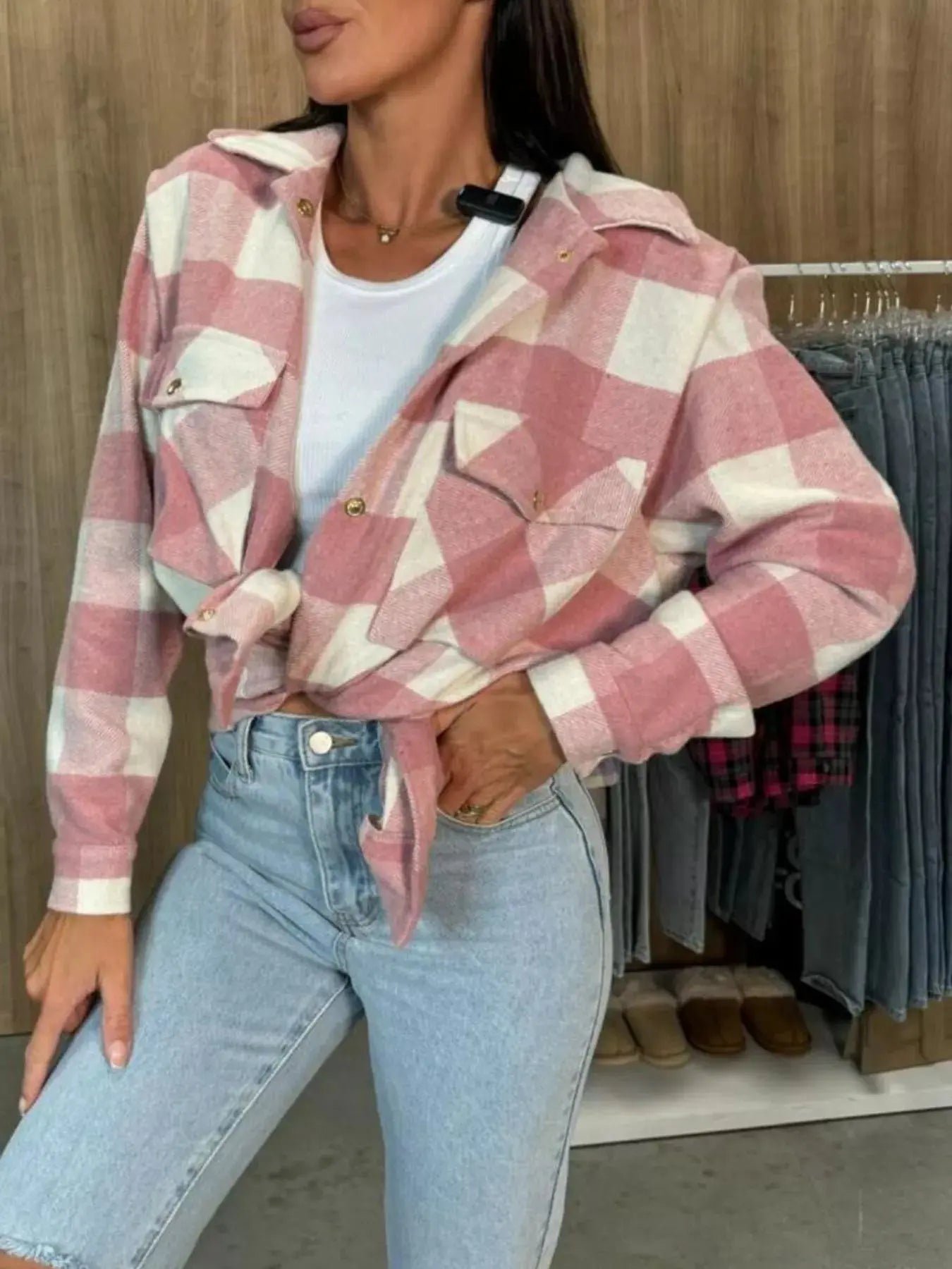 Pink Plaid Shacket With Button Front And Pockets Long Sleeve Simply Love