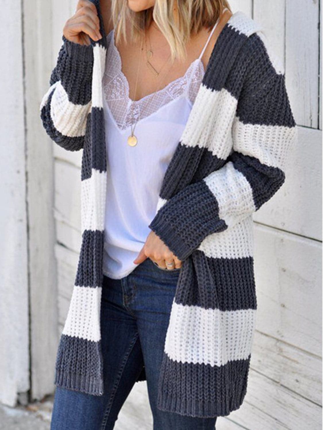 Striped Open Front Hooded Cardigan.