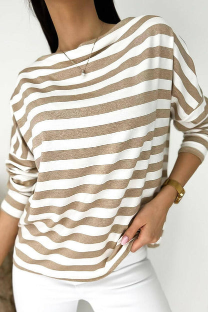 Striped Round Neck Long Sleeve Blouse.