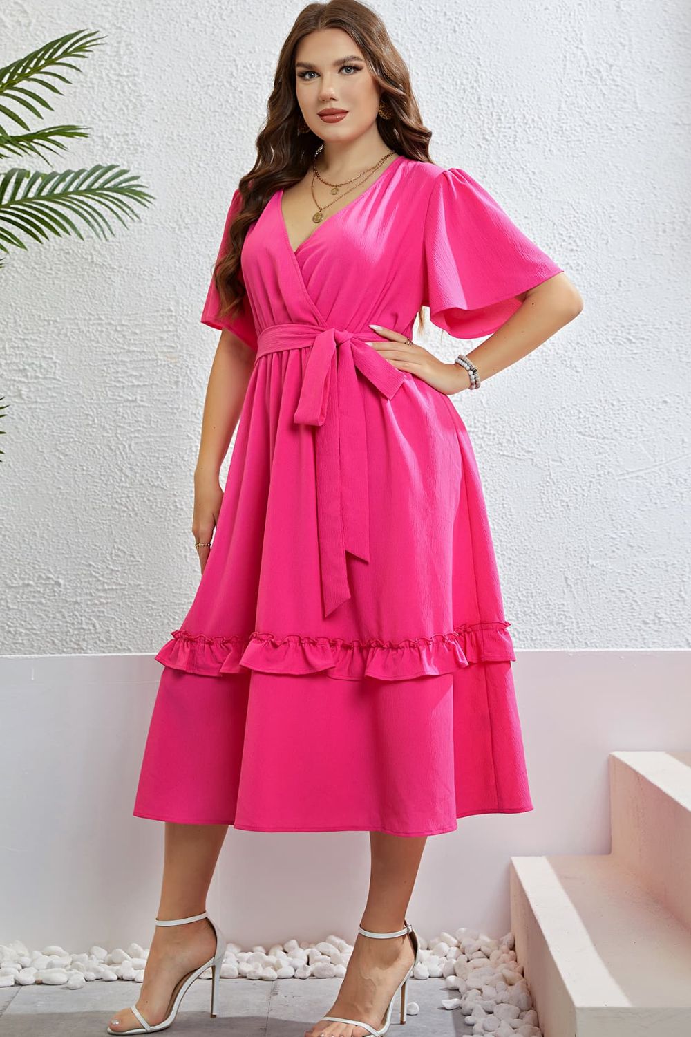 Belted Frill Trim Flutter Sleeve Dress Divine Design4U