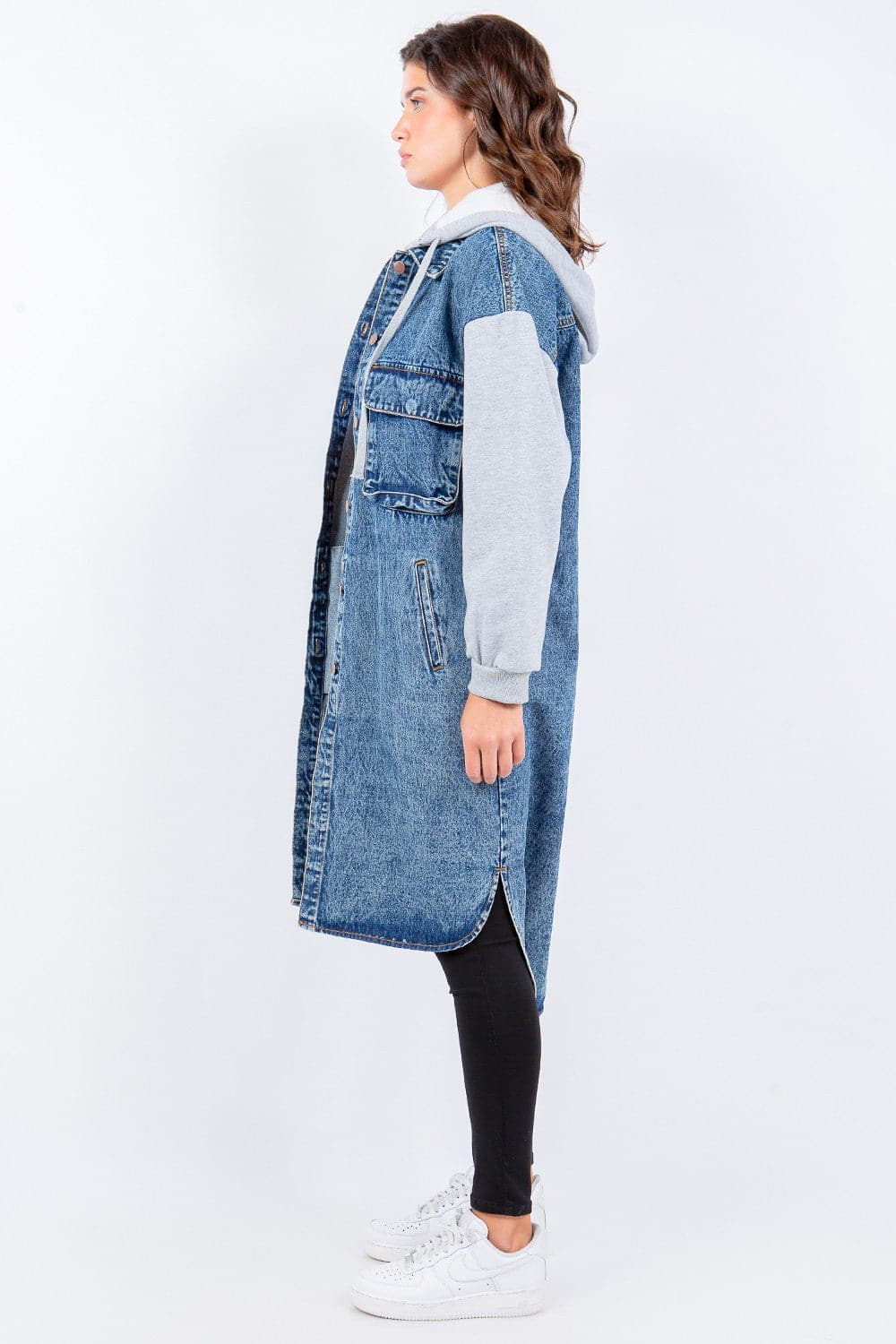 American Bazi Contrast Longline Hooded Denim Jacket.