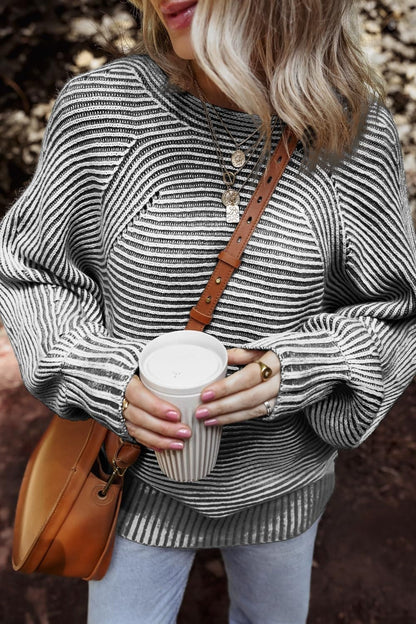 Textured striped long sleeve top with round neck