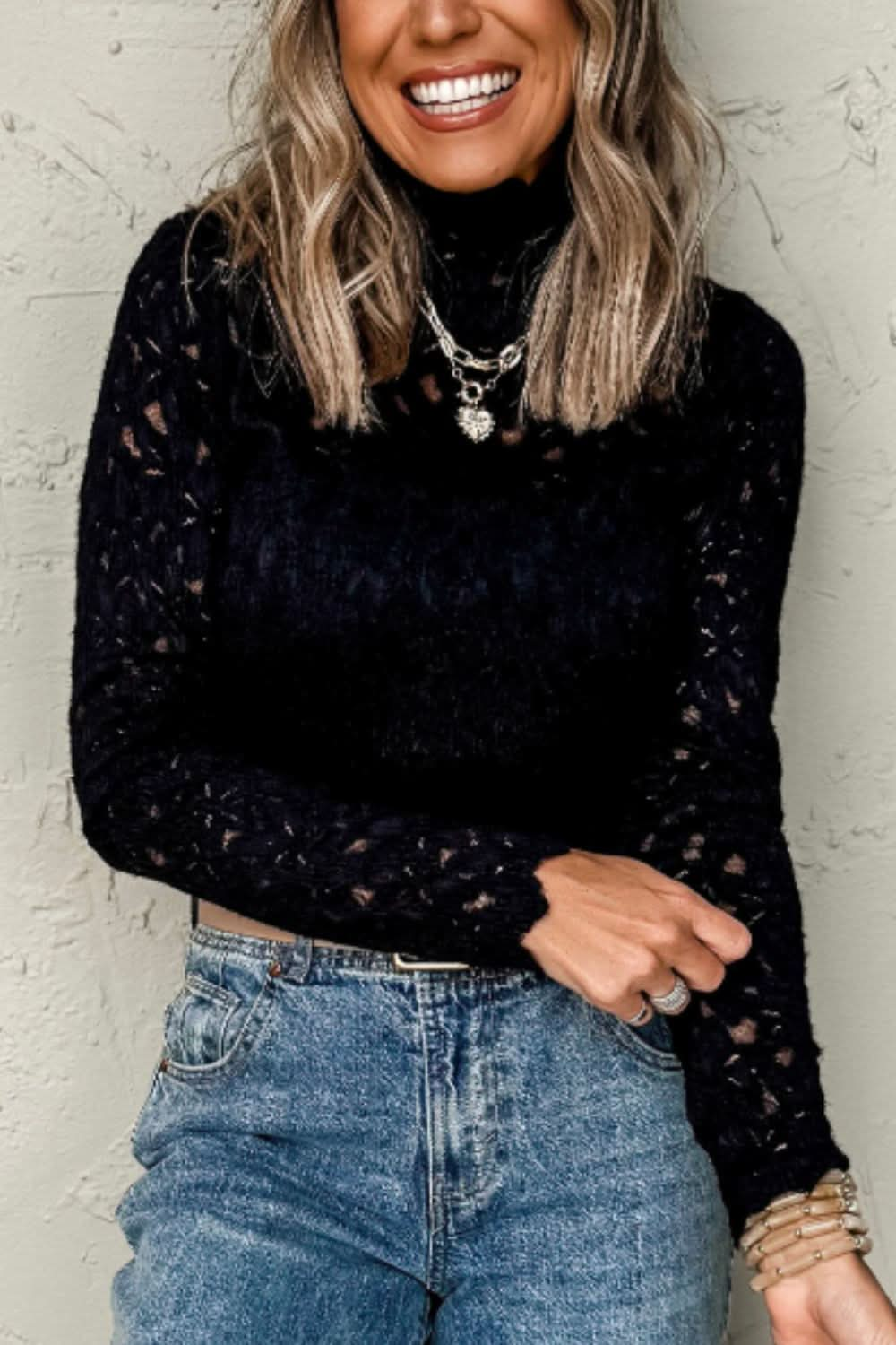 Semi-Sheer Crochet Turtleneck Long Sleeve Top