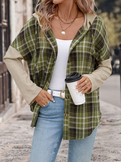 Plaid Long Sleeve Hooded Shirt with Drawstring Closure