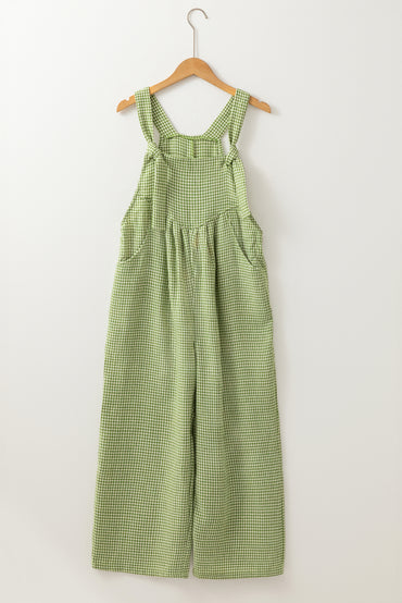 Green Gingham Wide Leg Overalls With Pockets For Women