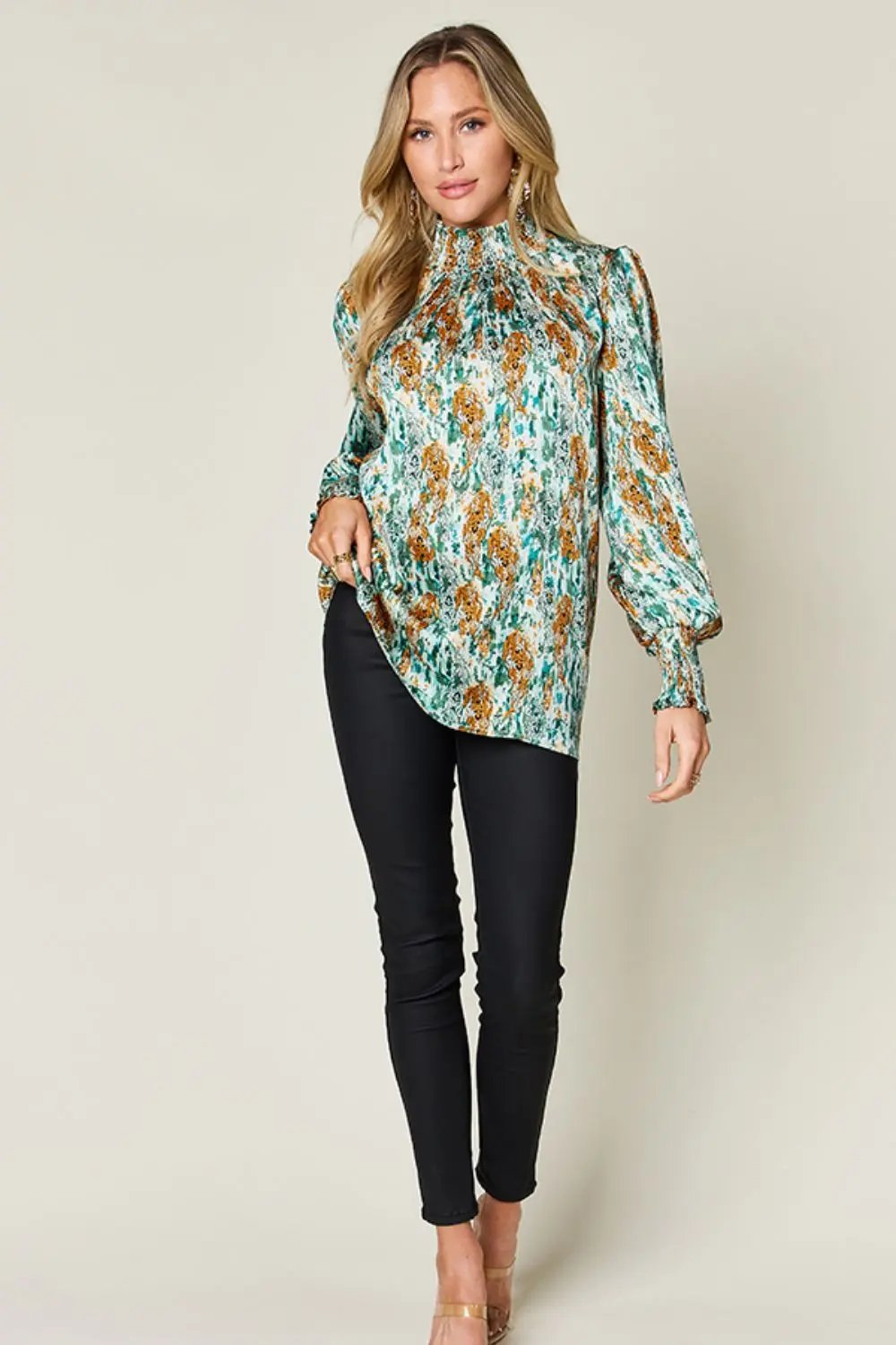 Double Take Full Size Printed Smocked Long Sleeve Blouse - Love Salve