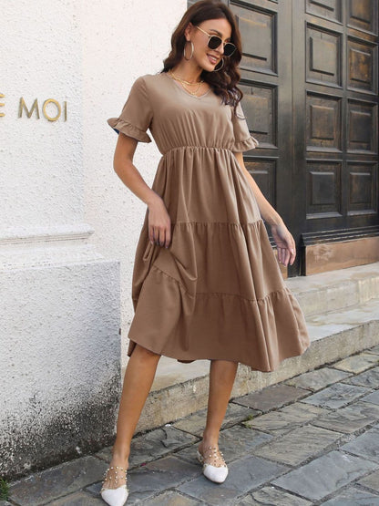 V-Neck Short Sleeve Midi Dress.