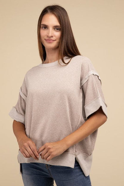 Contrast Trim Top Stitching Drop Shoulder Top.