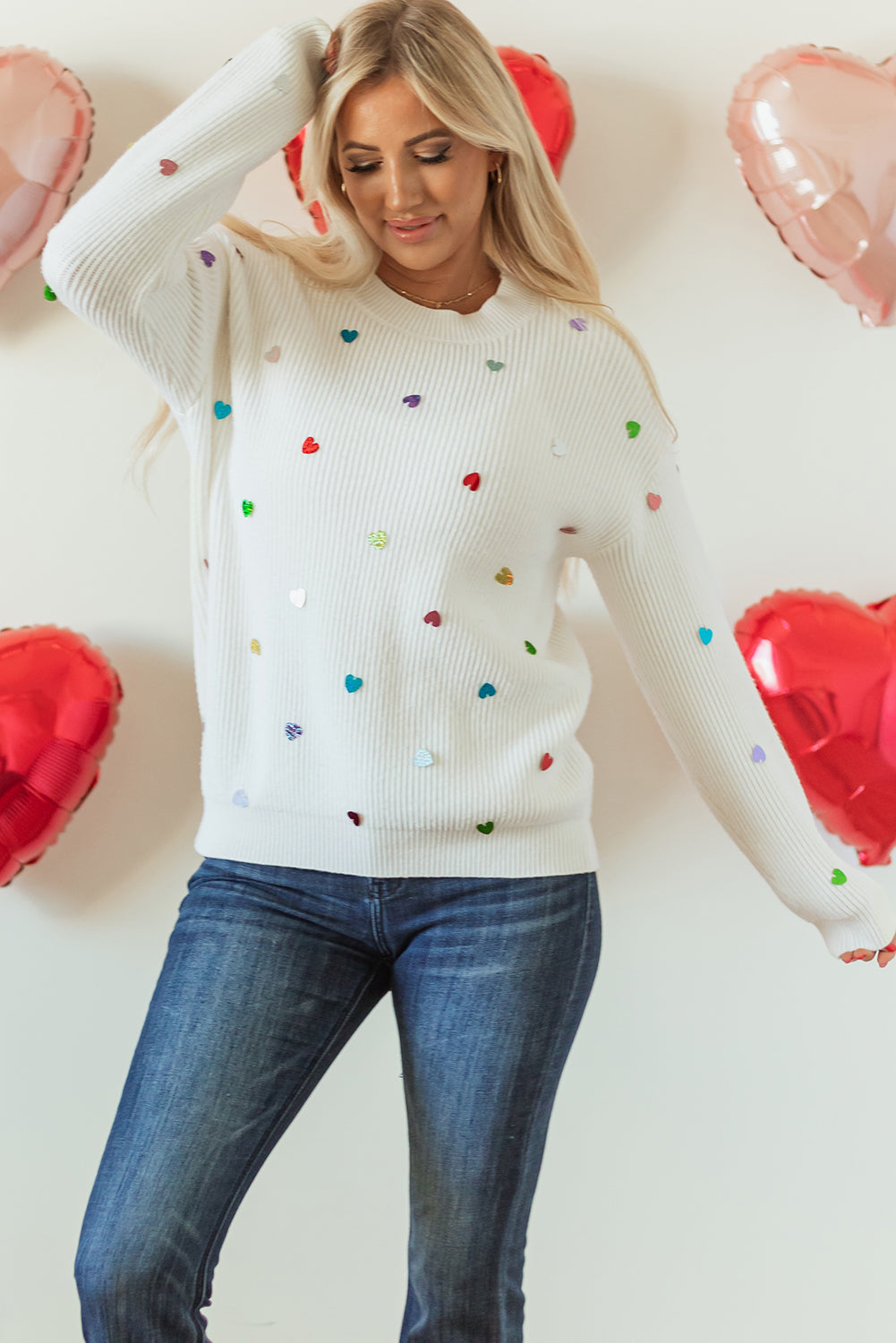 Beige Heart Sequin Waffle Knit Sweater with Round Neck