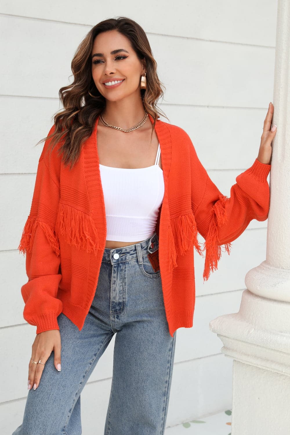 Fringe Trim Open Front Cardigan.