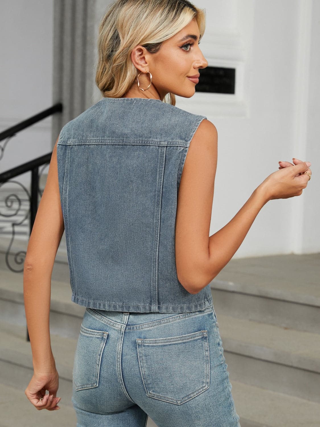 Stylish V-neck denim vest with button detail