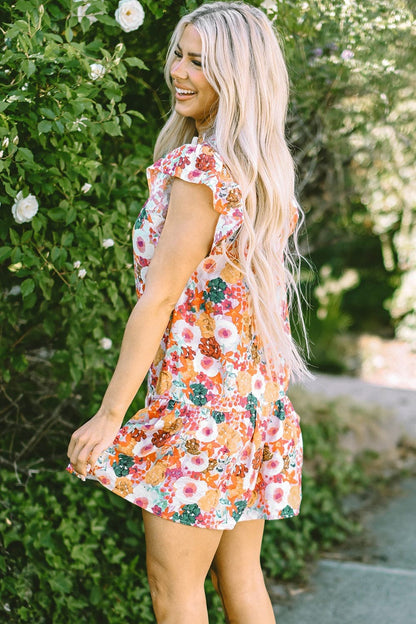 Ruffled Printed Cap Sleeve Mini Dress.