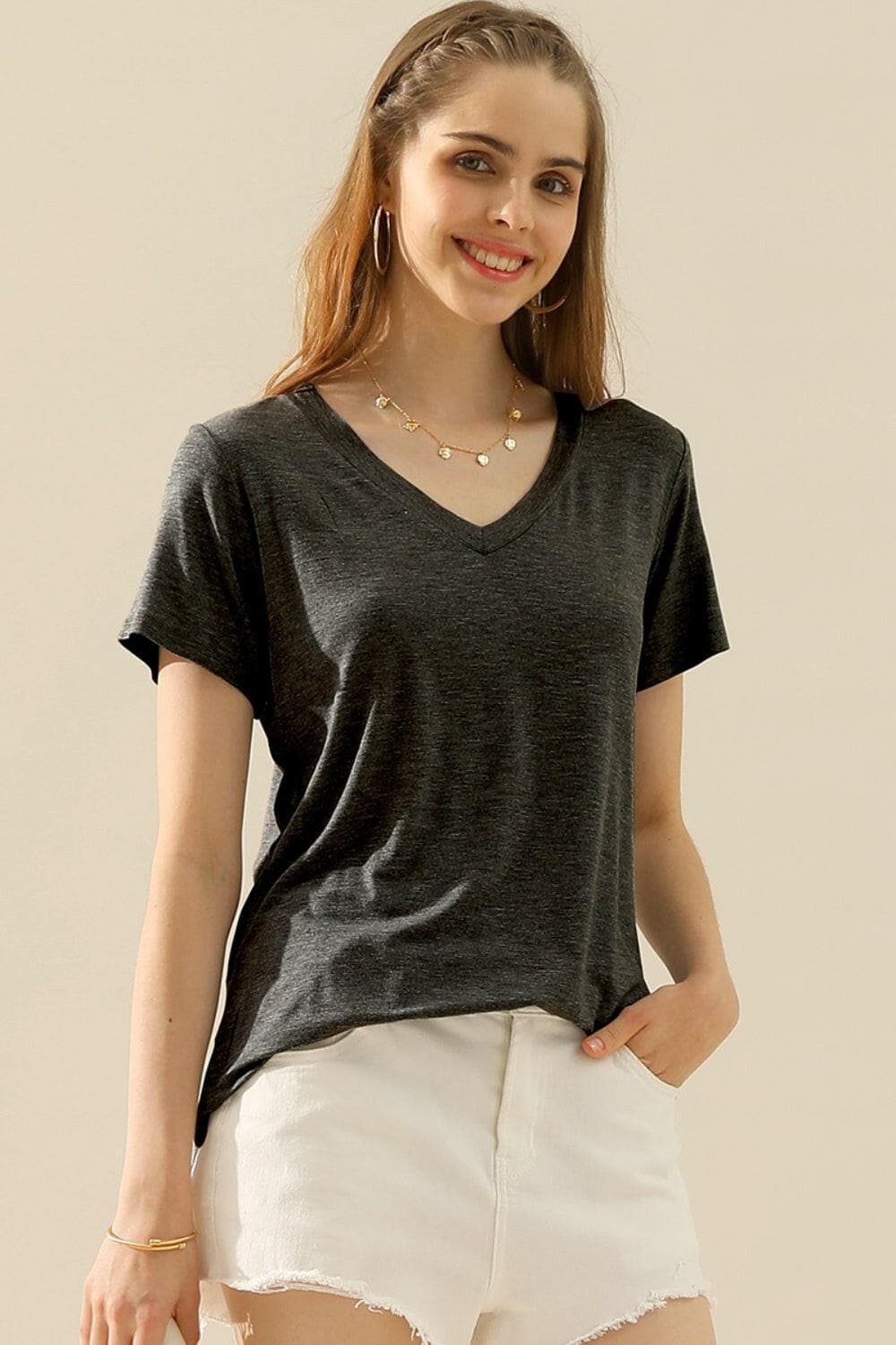 Ninexis Full Size V-Neck Short Sleeve T-Shirt.