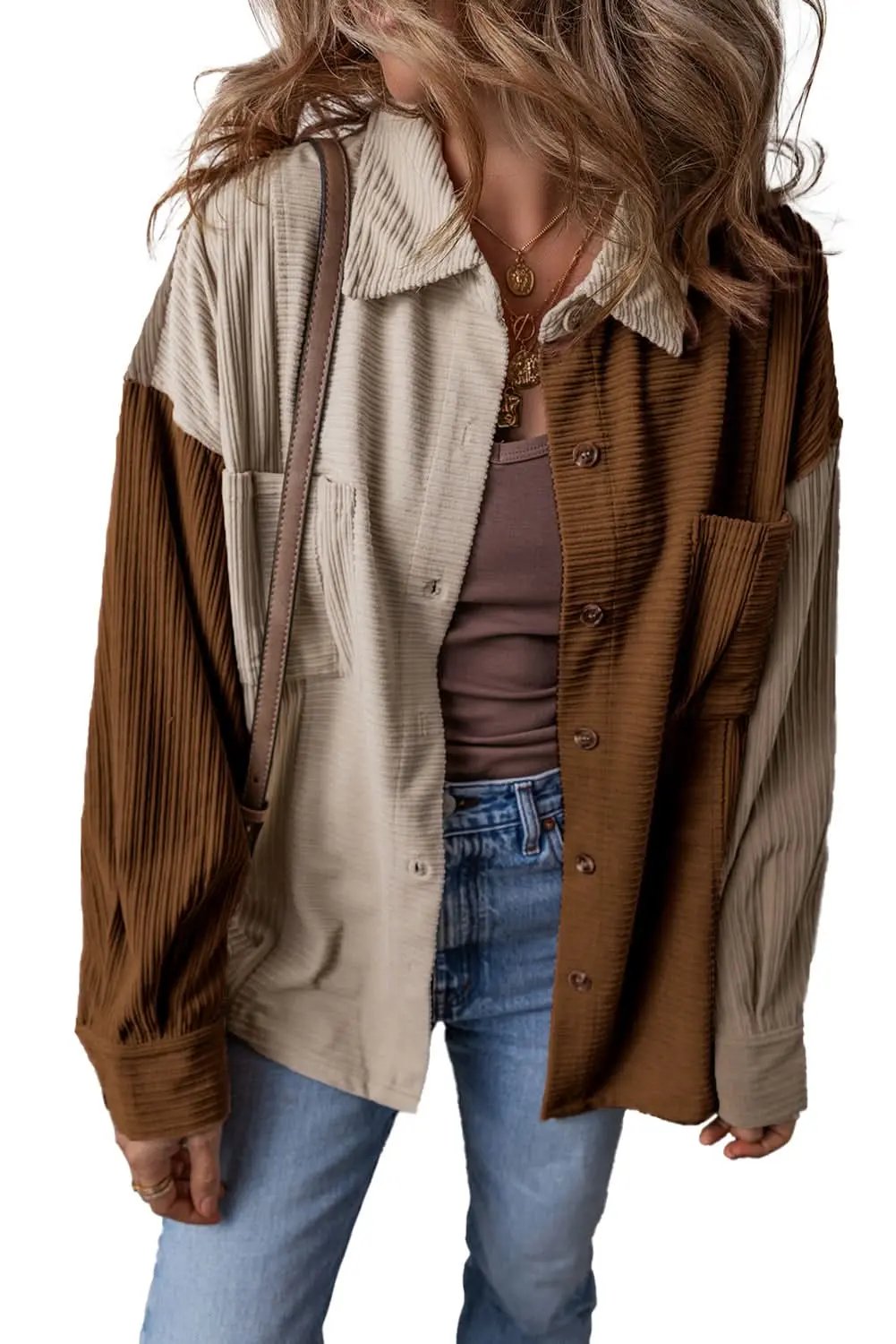Brown Color Block Chest Pockets Buttoned Corduroy Shacket - Love Salve 