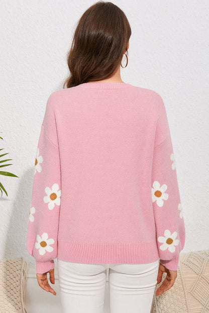 Flower Round Neck Dropped Shoulder Sweater.