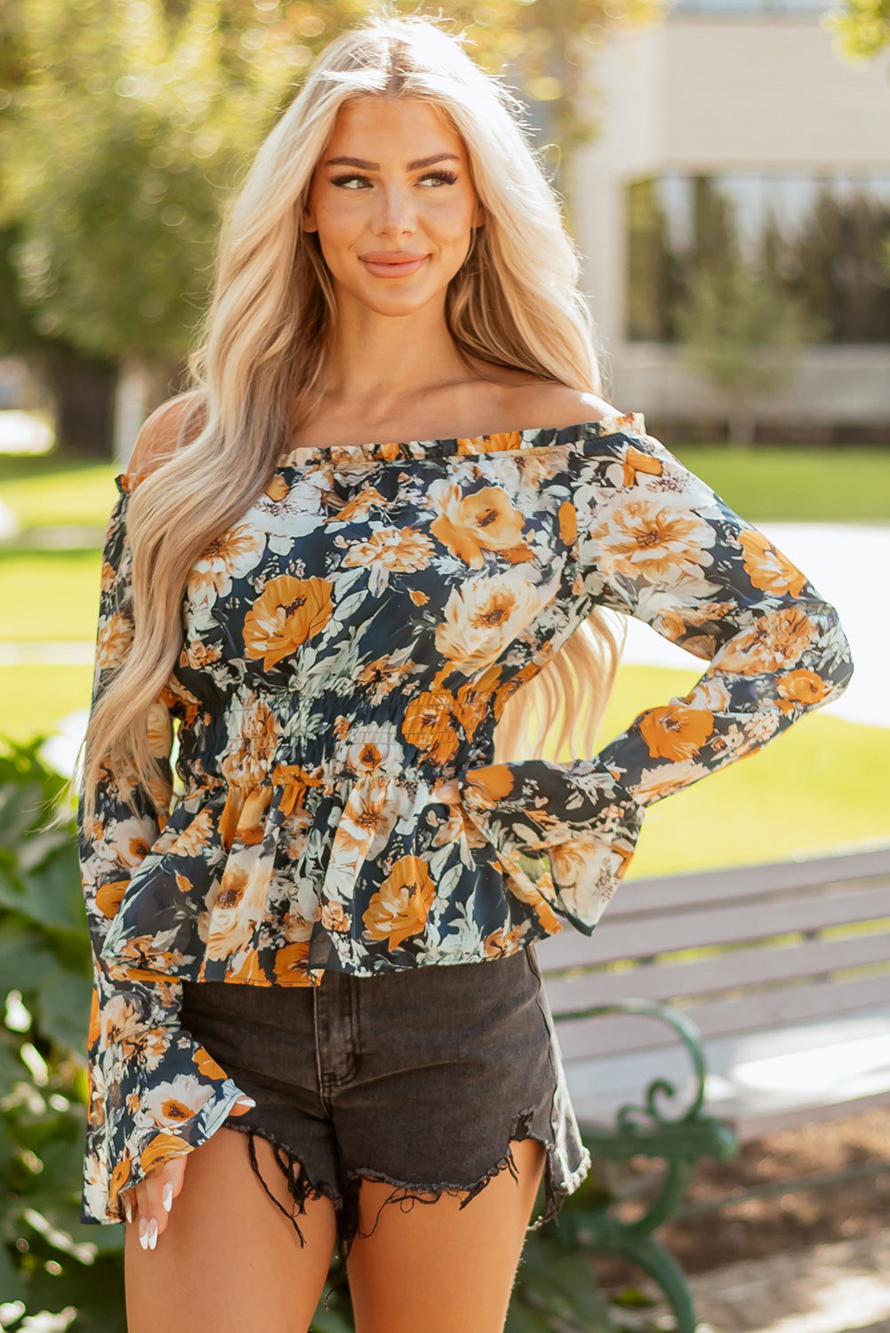Premium Blue Floral Off Shoulder Bell Sleeve Smocked Peplum Top Dear-Lover Dropshipping