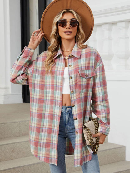 Plaid Collared Neck Long Sleeve Shirt.