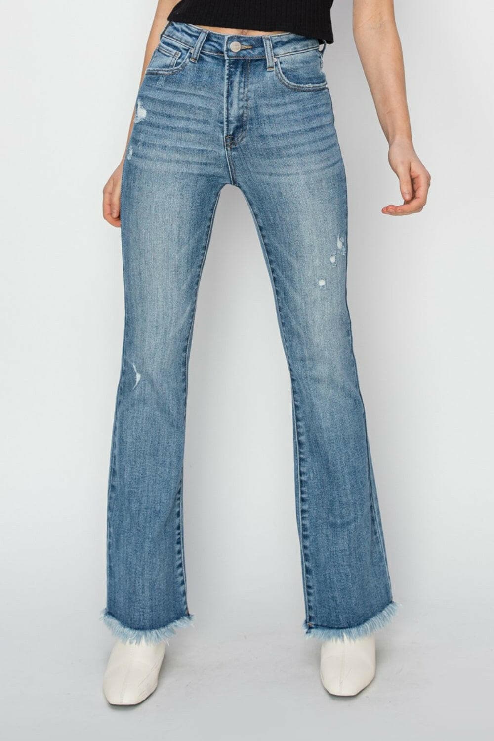 RISEN High Rise Frayed Hem Bootcut Jeans.