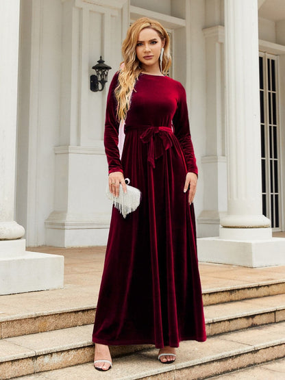 Tie Front Round Neck Long Sleeve Maxi Dress.